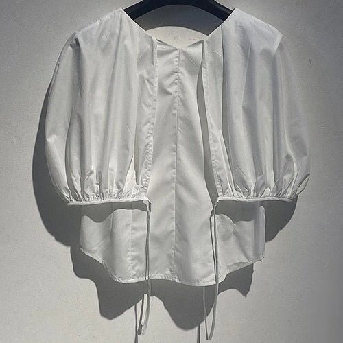 Load image into Gallery viewer, Women White Black Shaped Elegant Bud Blouse New V-Neck Short Puff Sleeve Shirt Fashion Tide Spring Summer 2025 1DJ1481
