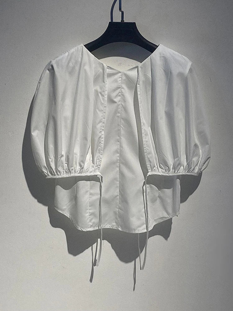 Women White Black Shaped Elegant Bud Blouse New V-Neck Short Puff Sleeve Shirt Fashion Tide Spring Summer 2025 1DJ1481