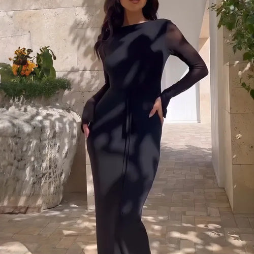 Load image into Gallery viewer, Sexy Mesh Patchwork Long Sleeved Women's Dress 2024 New Hollow Out Deep V-neck Lace Up Evening Dress Slim Party Vestido
