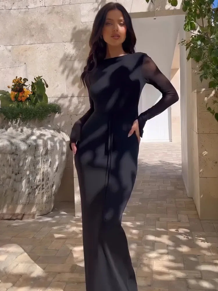 Sexy Mesh Patchwork Long Sleeved Women's Dress 2024 New Hollow Out Deep V-neck Lace Up Evening Dress Slim Party Vestido