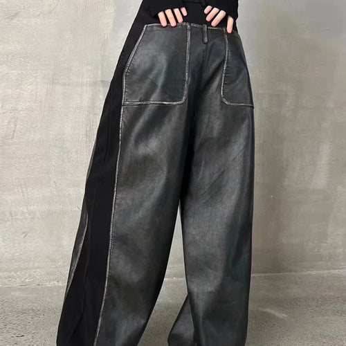Load image into Gallery viewer, Colorblock Casual Loose Patchwork Leather Pants For Women High Waist Spliced Button Vintage Wide Leg Pant Female
