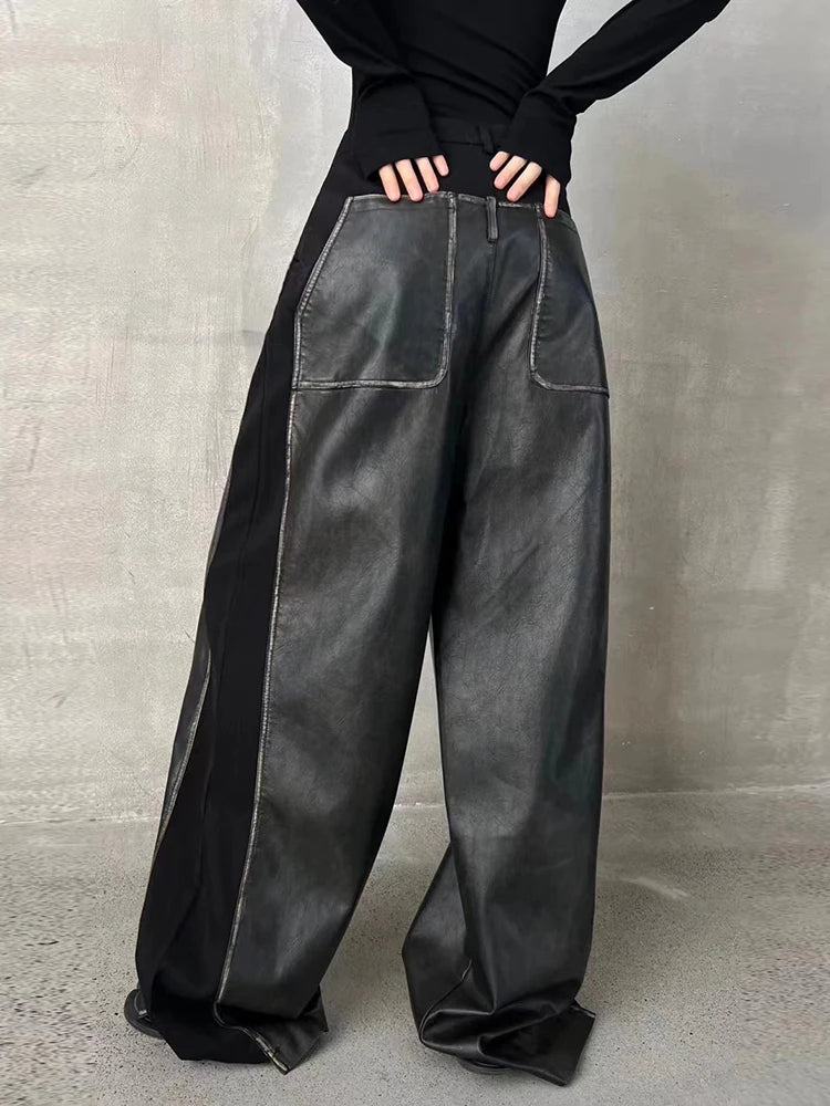 Colorblock Casual Loose Patchwork Leather Pants For Women High Waist Spliced Button Vintage Wide Leg Pant Female