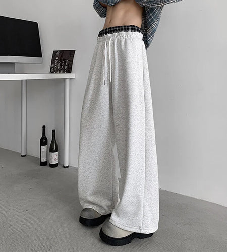 Niche Design Men's Sweatpants Plaid Patchwork Drawstring Contrast Color Straight Leg Elastic Waist Male Trousers 9W1223