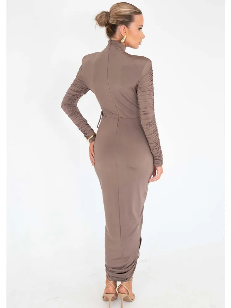 Elegant Long Sleeved Elastic Tight Pleated Maxi Dress Women Slim Party Club Evening Dress Autumn Winter New 2024 Vestido