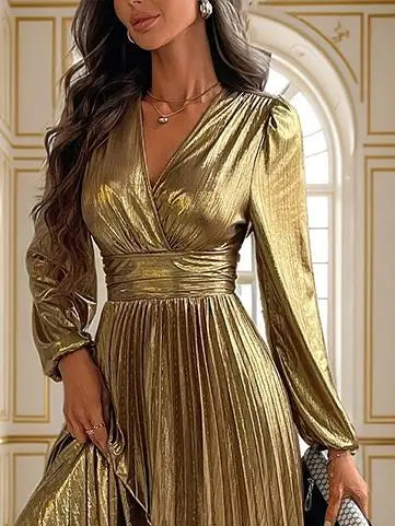Load image into Gallery viewer, Wedding Prom Party Elegant Long Dresses Women Pleated V-Neck Dresses 2025 Spring Autumn Long Sleeves Gown Gold Dress
