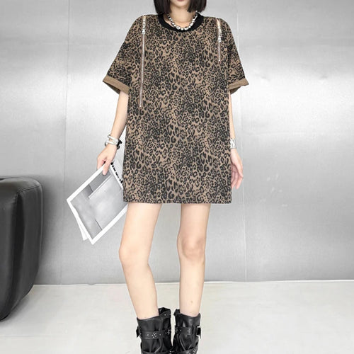 Load image into Gallery viewer, Women Leopard Print Zipper Big Size Long T-shirt New Round Neck Short Sleeve Fashion Tide Spring Summer 2025 1DJ1688

