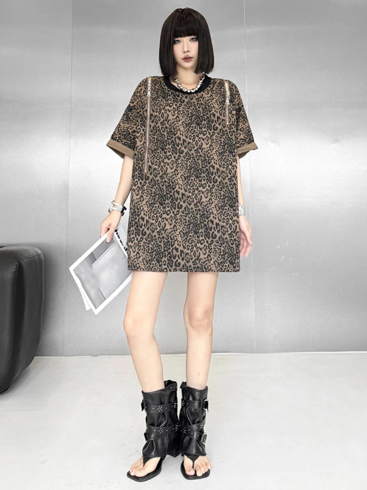 Women Leopard Print Zipper Big Size Long T-shirt New Round Neck Short Sleeve Fashion Tide Spring Summer 2025 1DJ1688