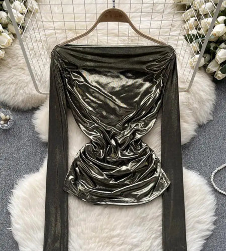 Solid Sexy Off Shoulder Long Sleeve Bright Pleated Tops Women's Autumn 2023 New Elegant Slim Versatile Bottom Shirt Trend Simple