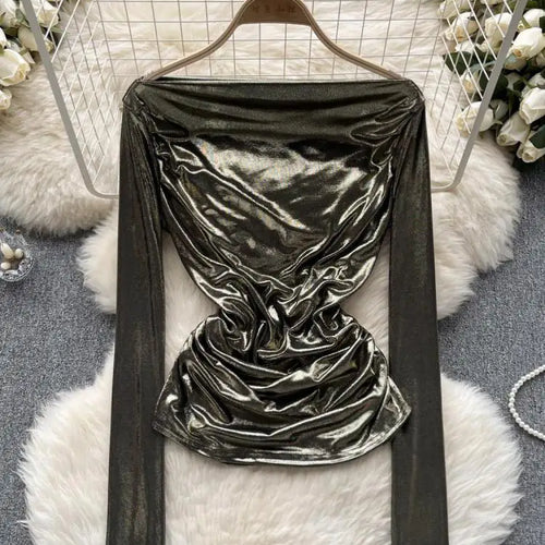 Load image into Gallery viewer, Solid Sexy Off Shoulder Long Sleeve Bright Pleated Tops Women's Autumn 2023 New Elegant Slim Versatile Bottom Shirt Trend Simple
