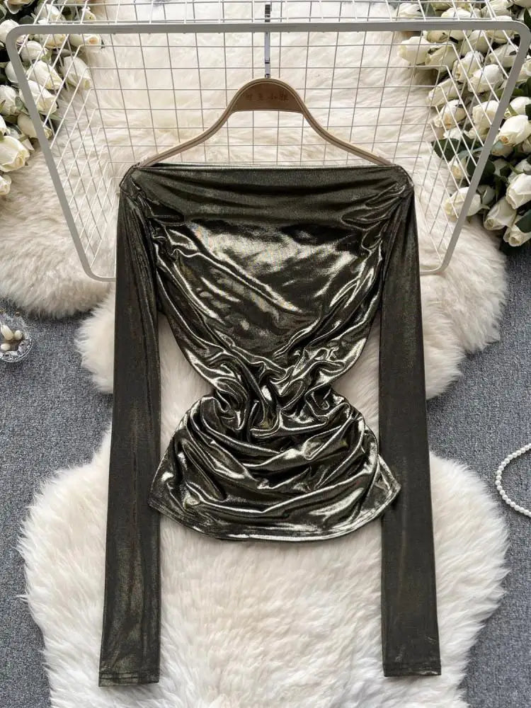 Solid Sexy Off Shoulder Long Sleeve Bright Pleated Tops Women's Autumn 2023 New Elegant Slim Versatile Bottom Shirt Trend Simple