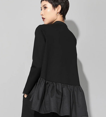 Women Black Pleated Ruffes Irregular Big Size T-shirt New Stand Collar Long Sleeve Fashion Tide Spring Autumn 2025 JQ016