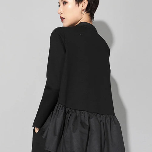 Load image into Gallery viewer, Women Black Pleated Ruffes Irregular Big Size T-shirt New Stand Collar Long Sleeve Fashion Tide Spring Autumn 2025 JQ016
