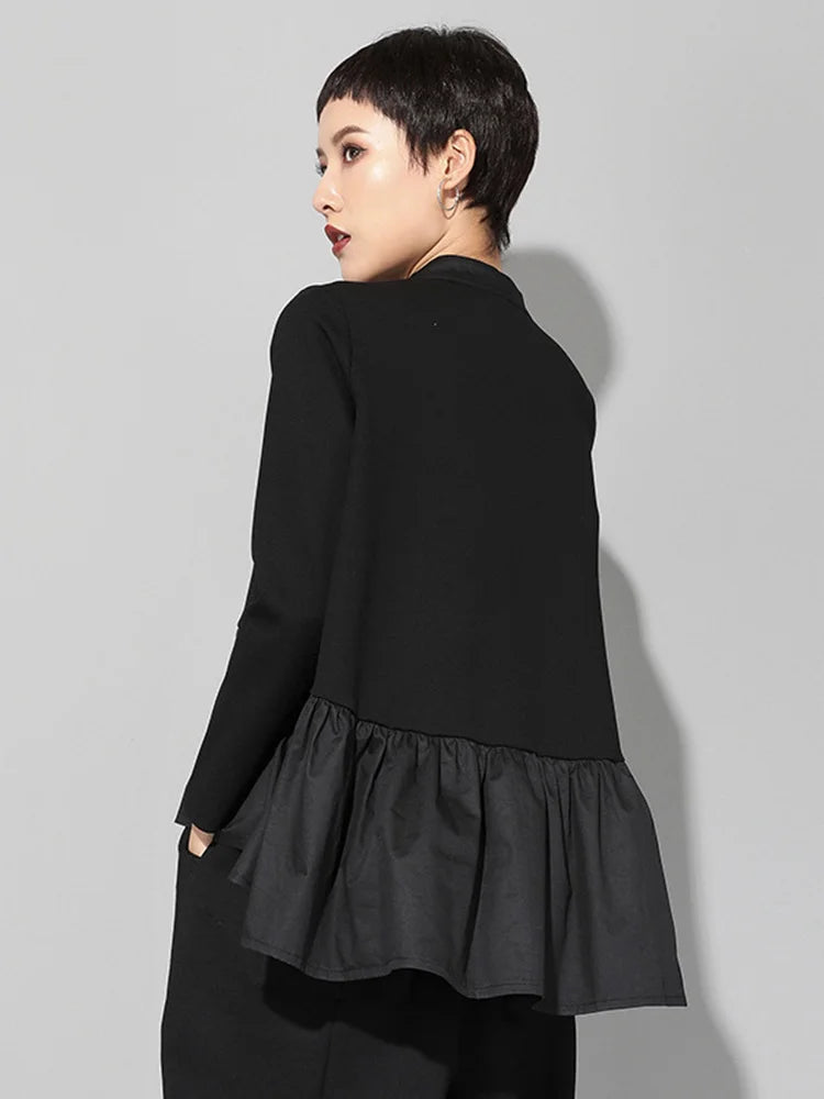 Women Black Pleated Ruffes Irregular Big Size T-shirt New Stand Collar Long Sleeve Fashion Tide Spring Autumn 2025 JQ016