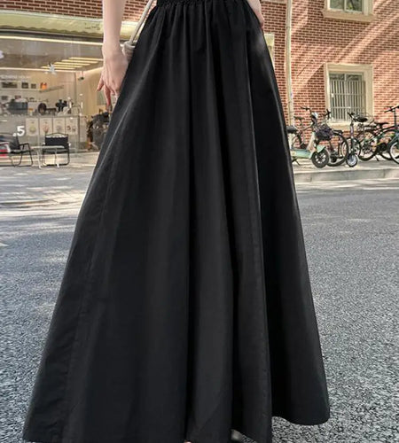 Spring Summer Women Black White Elegant Oversized Long Skirt French Fashion Brown High Waist Vacation Pleated Half Skirt Popular