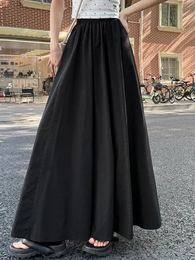 Spring Summer Women Black White Elegant Oversized Long Skirt French Fashion Brown High Waist Vacation Pleated Half Skirt Popular