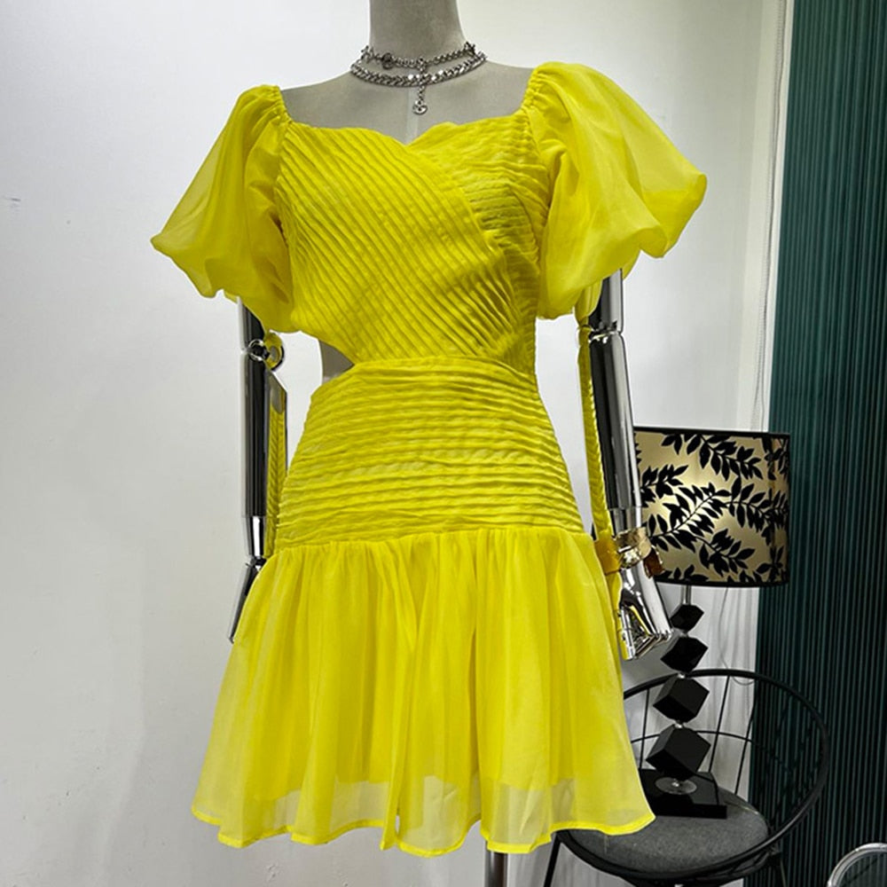 Sexy Mini Dress For Women Slash Neck Puff Sleeve High Waist Cut Out Dresses Female Summer Clothing Style