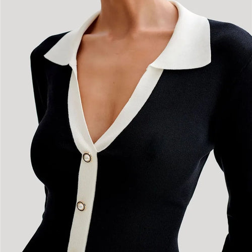 Load image into Gallery viewer, Long Sleeve Ruffled Knit Mini Dress For Women Autumn New V Neck Pearl Single-breasted Bow Bandage Knitted Dress Elegant
