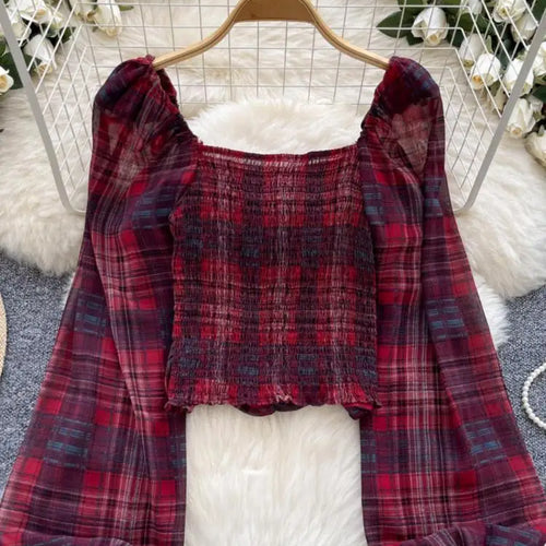 Load image into Gallery viewer, French Woman Plaid Long Sleeve Shirt Autumn Square Collar Slim Ladies Print Blouse Fashion Vintage Backless Short Pleated Tops
