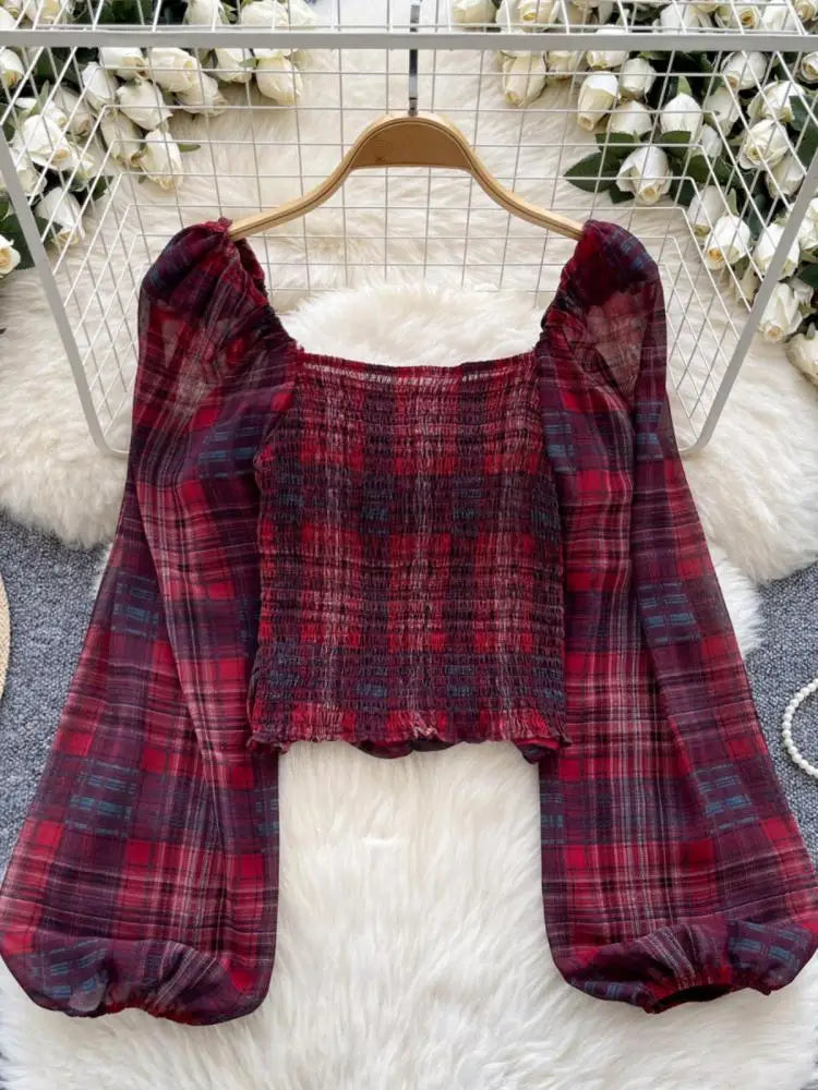 French Woman Plaid Long Sleeve Shirt Autumn Square Collar Slim Ladies Print Blouse Fashion Vintage Backless Short Pleated Tops