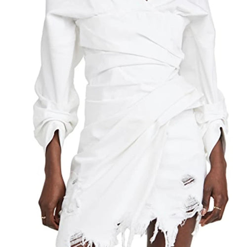 Load image into Gallery viewer, Spliced Tassel Casual Dress For Women Slash Neck Long Sleeve High Waist Irregular Tunic A Line Mini Dresses Female Clothing
