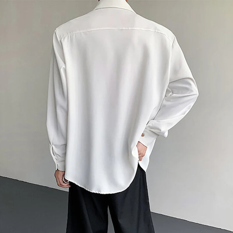 Men's Drape Shirts Male Long Sleeved Turn-down Collar New Cool Korean Single Breasted Silhouette Ice Silk Clothing 9W1383