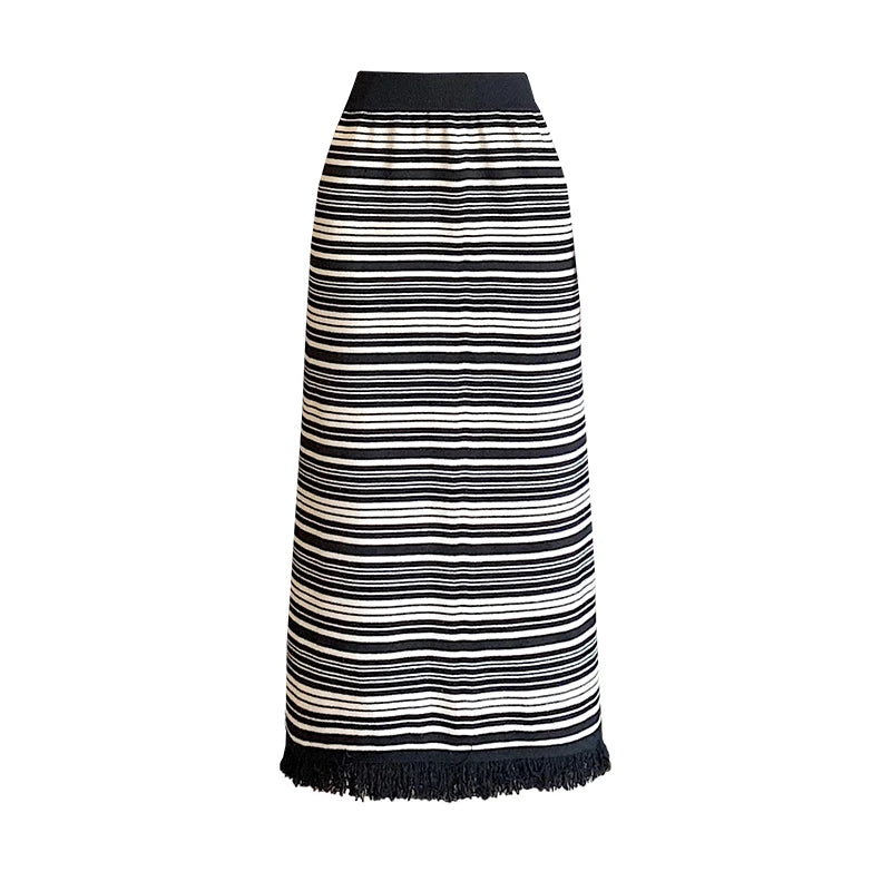 Vintage Women Black Beige Striped Tassel Elegant High Waist Party Long Skirt 2024 Autumn Winter Straight Wrap Hip Knitted Skirts