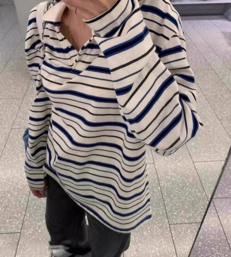 Streetwear T Shirts for Women Turndown Collar Long Sleeve Tees Fashion Korean Camisetas Y2k Tops Casual Vintage Striped Tshirt