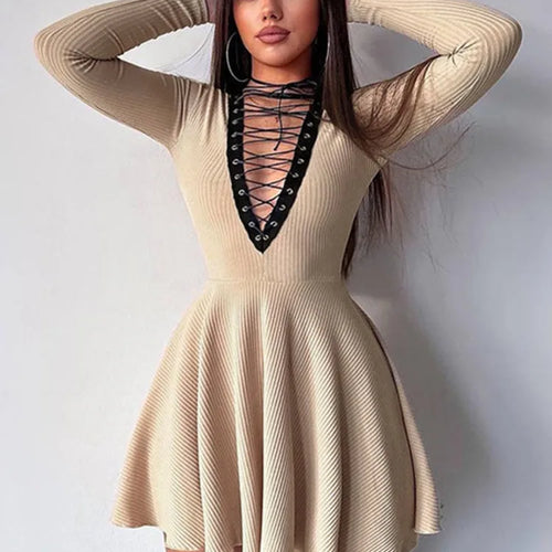 Load image into Gallery viewer, Autumn/Winter Women New Sexy Deep V-neck Long Sleeved Dress Hollow Lace Up Waist Wrap Elegant Party Evening Dress
