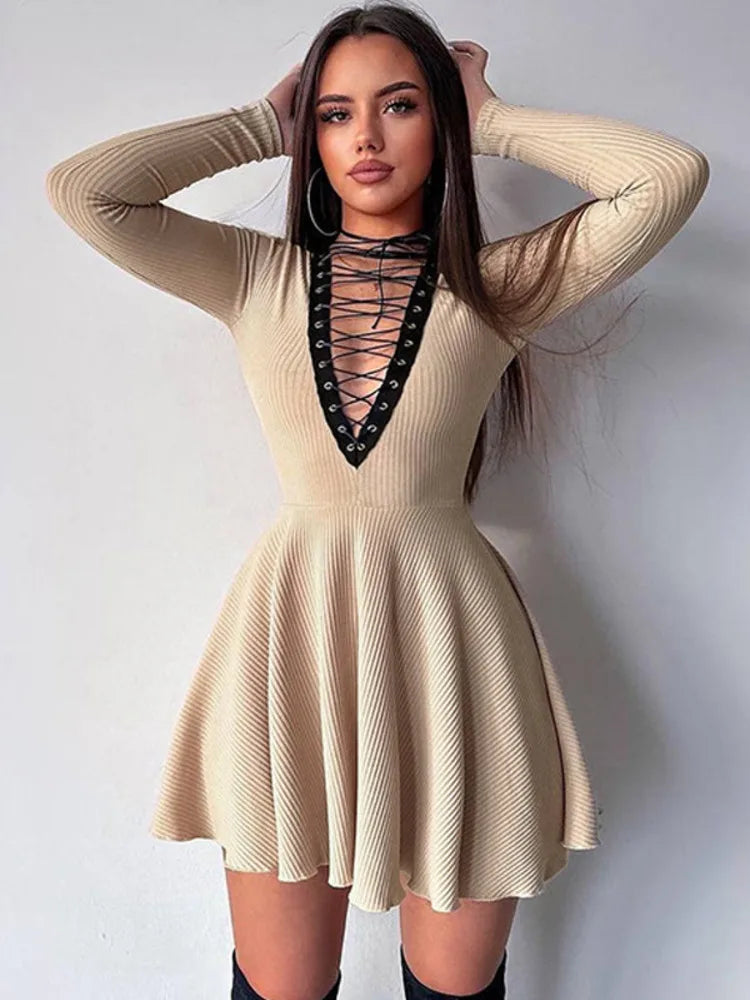 Autumn/Winter Women New Sexy Deep V-neck Long Sleeved Dress Hollow Lace Up Waist Wrap Elegant Party Evening Dress