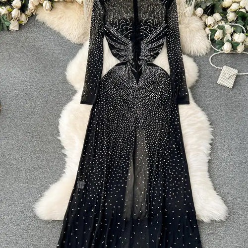 Load image into Gallery viewer, Autumn Black Sexy Club Diamond Long Sleeve Back Zipper Bodycon Split Long Dress Women Vintage Elegant Festival Party Gowns Dress
