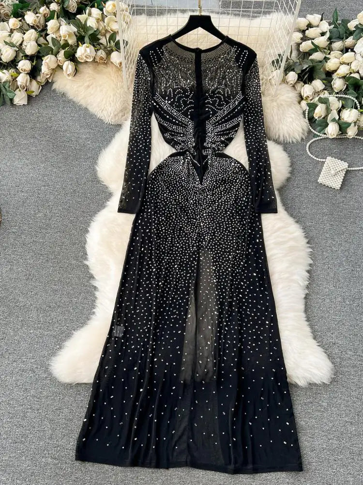 Autumn Black Sexy Club Diamond Long Sleeve Back Zipper Bodycon Split Long Dress Women Vintage Elegant Festival Party Gowns Dress