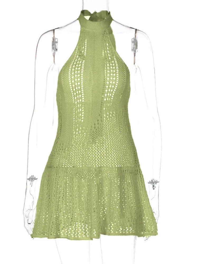 Sexy Sleeveless Knitted Sweater Dress For Women Summer 2024 New Sleeveless Hanging Collar Female Holiday Party Beachwear