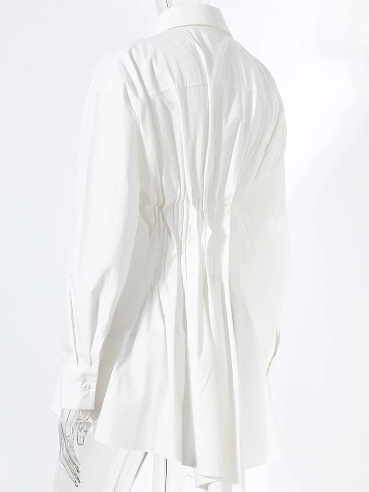 Women White Irregular Hem Pleated Elegant Blouse New Lapel Long Sleeve Shirt Fashion Tide Spring Autumn 2025 7AB3817