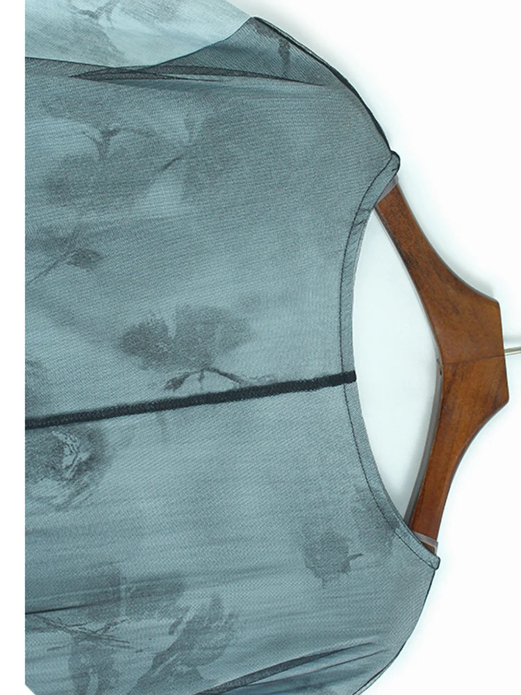 Women Blue Pattern Printed Mesh Big Size Midi Dress New Round Neck Short Sleeve Fashion Tide Spring Summer 2025 1DJ1326