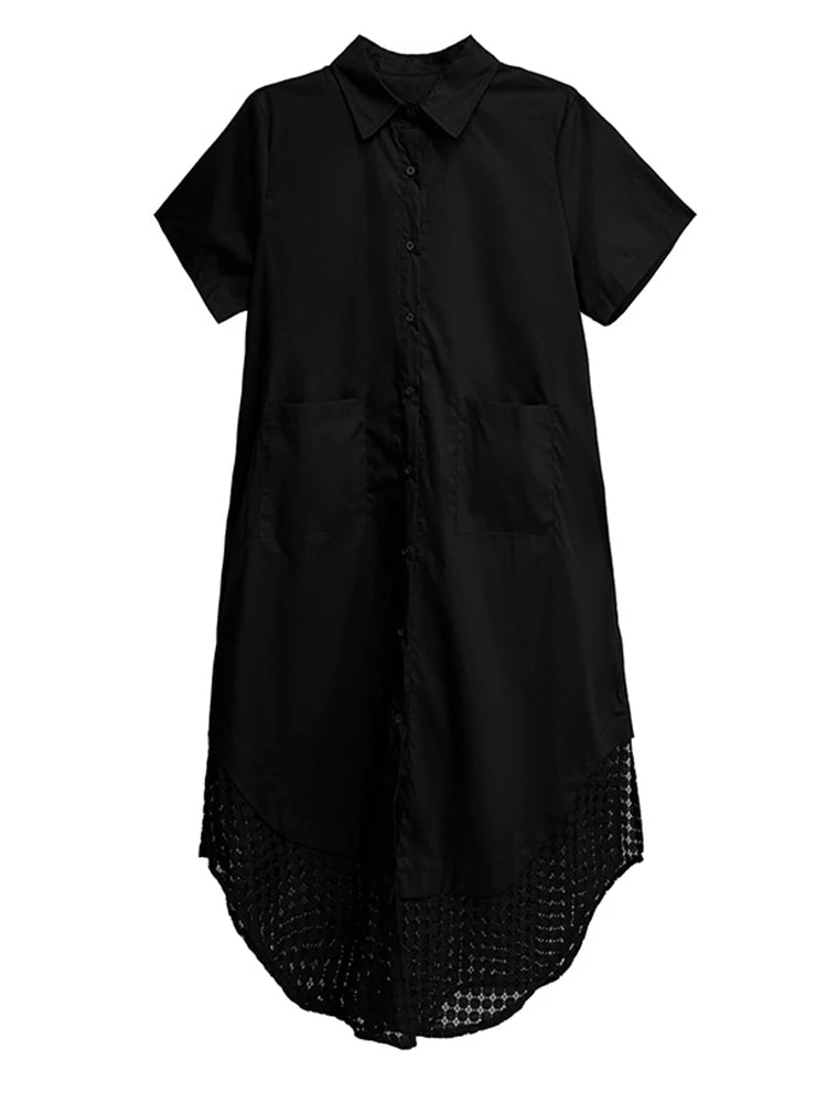 Women Blue Mesh Color-block Big Size Midi Shirt Dress New Lapel Short Sleeve Fashion Tide Spring Summer 2025 1DJ0932