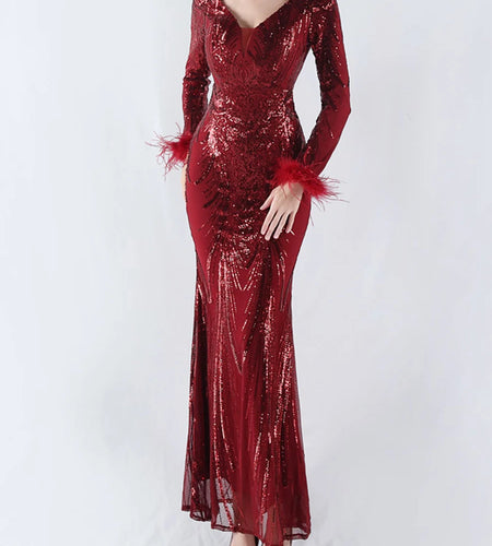 Solid Spliced Feather Slimming Dresses For Women V Neck Long Sleeve High Waist Temperament Dress Female Fashion New