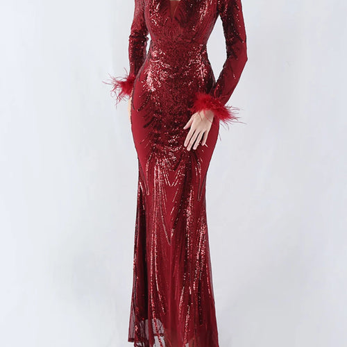 Load image into Gallery viewer, Solid Spliced Feather Slimming Dresses For Women V Neck Long Sleeve High Waist Temperament Dress Female Fashion New
