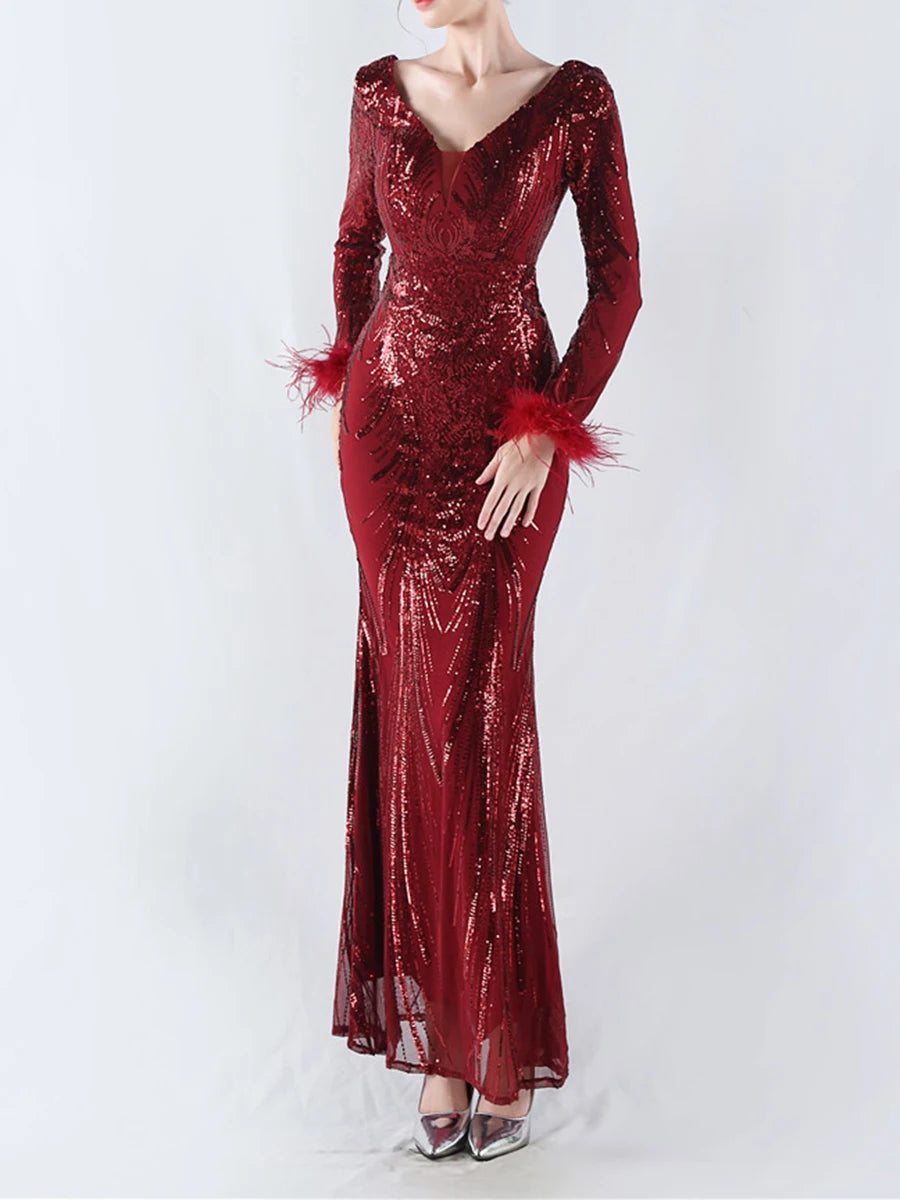 Solid Spliced Feather Slimming Dresses For Women V Neck Long Sleeve High Waist Temperament Dress Female Fashion New