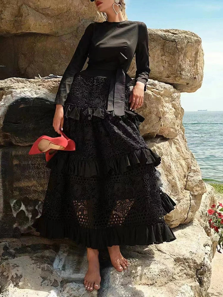 Lace Solid Dresses Female Round Neck Long Sleeve Patchwork Bowknot High Waist Ruffles Dress For Women Summer Fashion Style