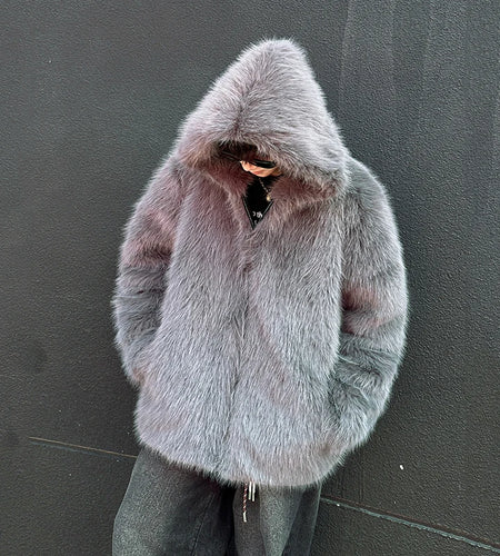 Fashion Men's Faux Fur Jacket Hooded Zipper Warm Coat 2024 Autumn Winter New Fashion Tide Solid Color Jackets 9C9257