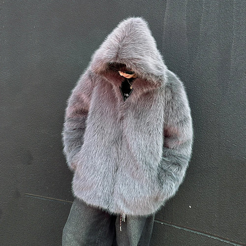 Load image into Gallery viewer, Fashion Men&#39;s Faux Fur Jacket Hooded Zipper Warm Coat 2024 Autumn Winter New Fashion Tide Solid Color Jackets 9C9257
