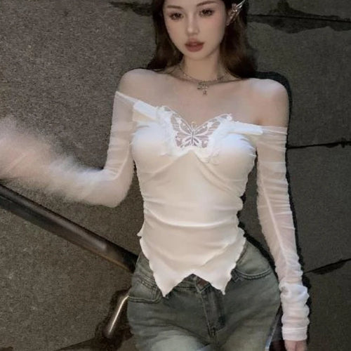 Load image into Gallery viewer, Y2k Aesthetic Patchwor Butterfly Women T-Shirt Vintage Harajuku Slim Fit Tshirts Knitted Long Sleeve Grunge Streetwear Crop Top
