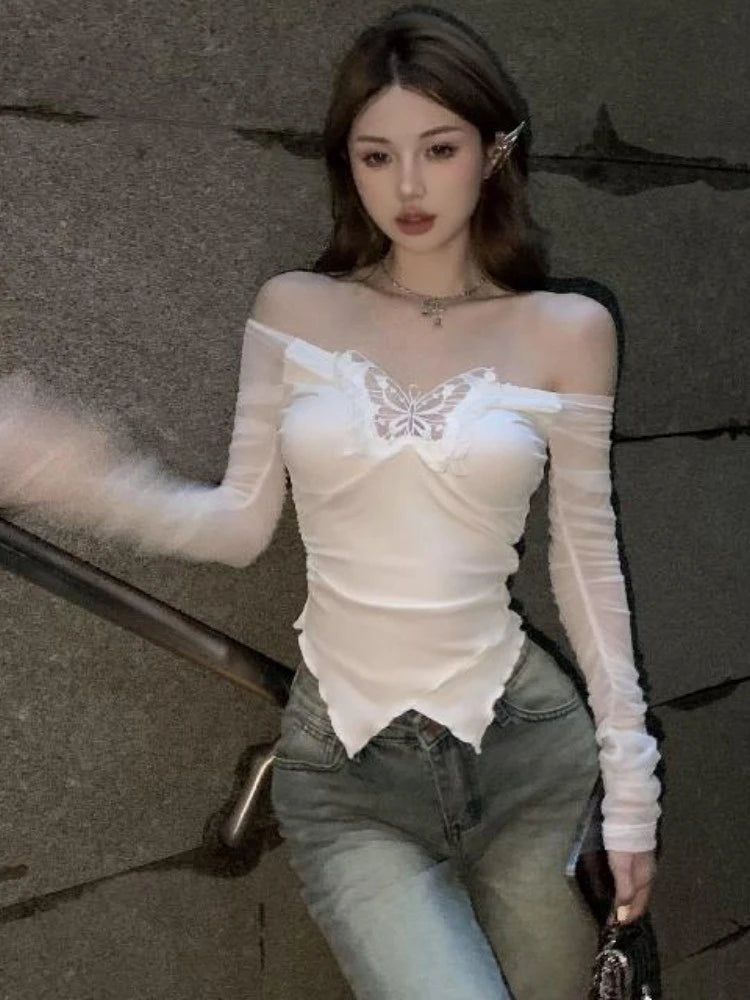 Y2k Aesthetic Patchwor Butterfly Women T-Shirt Vintage Harajuku Slim Fit Tshirts Knitted Long Sleeve Grunge Streetwear Crop Top