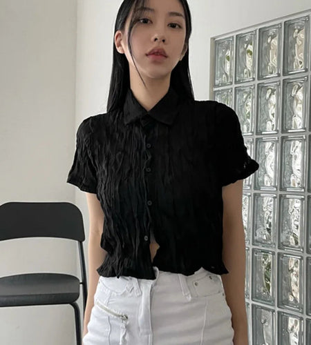 Nomikuma Crop Top Summer Turn Down Collar Pleated Hollow Out T Shirt for Women Vintage Harajuku Fashion Sexy Y2k Streetwear