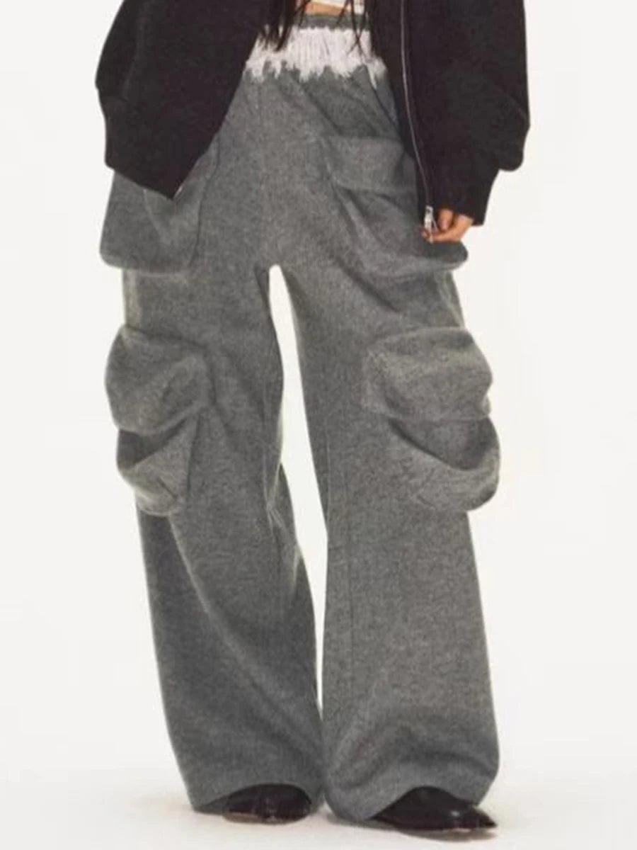 Loose Spliced Pockets Casual Pants for Women High Waist Patchwork Lace Fashion Wide Leg Pant Female Clothing New