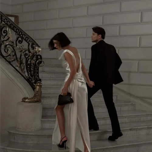 Load image into Gallery viewer, Satin Backless Sexy Maxi Dress For Women Elegant Rose Thigh High Split Beach Holiday Long Dress Gorgeous Club Gown
