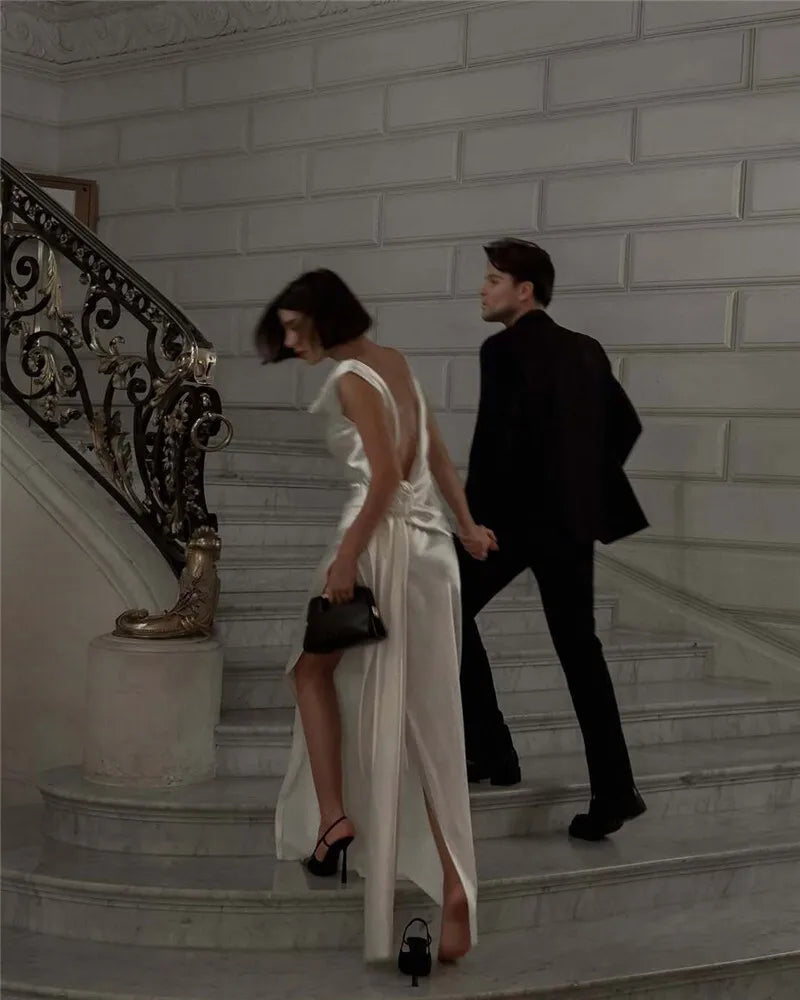 Satin Backless Sexy Maxi Dress For Women Elegant Rose Thigh High Split Beach Holiday Long Dress Gorgeous Club Gown