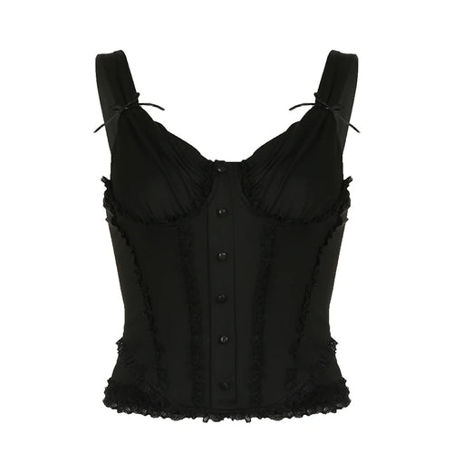 Load image into Gallery viewer, Fashion Chic Frill Black Corset Top Camisole Bow Buttons Lace Spliced Ruched Sexy Party Tops Sleeveless French Tanks
