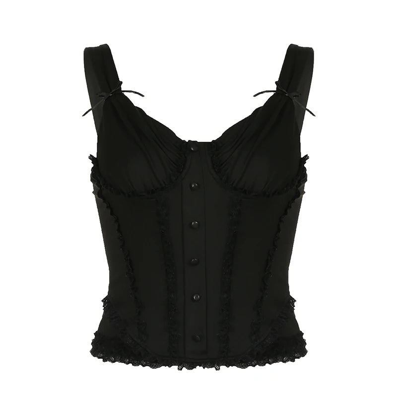 Fashion Chic Frill Black Corset Top Camisole Bow Buttons Lace Spliced Ruched Sexy Party Tops Sleeveless French Tanks