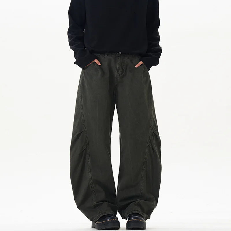 Men's Causal Pants New American Style Washed Design Pleated Curved Knife Trendy Male Loose Wide Leg Trousers Summer 9W1901